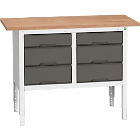 Kastenwerkbank Bott verso, Multiplex-Platte, 6 Schubladen, B 1250 x T 600 x H 830 - 930 mm, RAL 7035 Lichtgrau / Anthrazitgrau