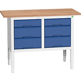 Kastenwerkbank Bott verso, Multiplex-Platte, 6 Schubladen, B 1250 x T 600 x H 830 - 930 mm, RAL 7035 Lichtgrau / Enzianblau