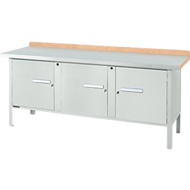 Kastenwerkbank Schäfer Shop Select PW 200-3, Buche Multiplexplatte, mit Stahlabdeckung, bis 750 kg, B 2000 x T 700 x H 840 mm, Lichtgrau