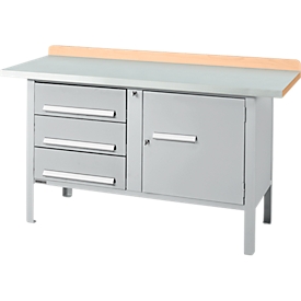 Kastenwerkbank Schäfer Shop Select PWi 150-4, Buche Multiplexplatte, mit Stahlabdeckung, bis 750 kg, B 1500 x T 700 x H 840 mm, Weißaluminium