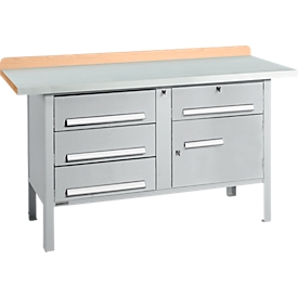 Kastenwerkbank Schäfer Shop Select PWi 150-5, Buche Multiplexplatte, mit Stahlabdeckung, bis 750 kg, B 1500 x T 700 x H 840 mm, Weißaluminium