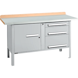 Kastenwerkbank Schäfer Shop Select PWi 150-7, Buche Multiplexplatte, mit Stahlabdeckung, bis 750 kg, B 1500 x T 700 x H 840 mm, Weißaluminium