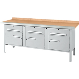 Kastenwerkbank Schäfer Shop Select PWi 200-5, Buche Multiplexplatte, mit Stahlkante, bis 750 kg, B 2000 x T 700 x H 840 mm, Weissaluminium