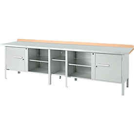 Kastenwerkbank Schäfer Shop Select PWi 300-1, ESD, Buche-Multiplexplatte, mit Stahlabdeckung, bis 750 kg, B 3000 x T 700 x H 840 mm, Lichtgrau 
