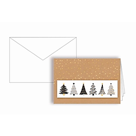 Kerstkaart Korsch "Trees", B6, dubbele insteek, boekenleggers, enveloppen, FSC® Kraft karton met goudfolie embossing & die-cutting, bruin-wit, 10 st.