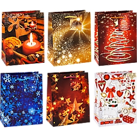 Kerstpakketzakjes TSI serie 8, 6 verschillende motieven, met handvatkoord, medium, B 180 x D 100 x H 230 mm, geassorteerde kleuren, 12 st.