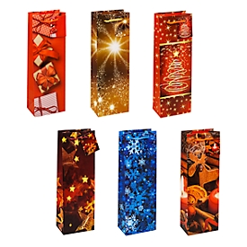 Kerstpakketzakjes TSI serie 8, voor flessen, 6 verschillende motieven, met hengselkoord, B 120 x D 80 x H 360 mm, geassorteerde kleuren, 12 st.