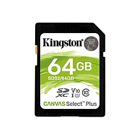 Kingston Carte SDXC Canvas Select Plus 100R C10 UHS-I U1 V10 de 64 Go - 64 Go - SDXC - Classe 10 - UHS-I - 100 Mo/s - Class 1 (U1)