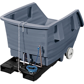 Kippbehälter mit Rollen, Polyethylen, grau, B 920 x T 1420 x H 625 mm, 300 l, Schüttkanthöhe 405 mm, bis 150 kg, Kipp-Arretierungsvorrichtung