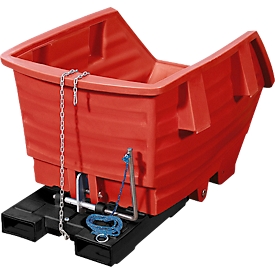 Kippbehälter, Polyethylen, rot, B 920 x T 1420 x H 590 mm, 300 l, Schüttkanthöhe 370 mm, bis 150 kg, Kipp-Arretierungsvorrichtung