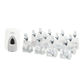 Kit économique Distributeur de nettoyant pour siège de toilettes Rubbermaid®, blanc-gris + 12 x recharges de nettoyant mousse pour siège de toilettes RVU9503, 400 ml chacune