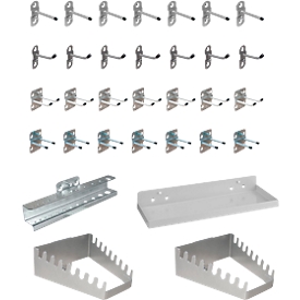 Kit porte-outils ADB, 32 pièces, pour parois perforées avec trous carrés 10 x 10 mm &amp; distance entre les trous 38 mm, acier revêtu par poudre, aluminium blanc RAL 9006