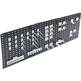 Kit porte-outils ADB, 40 pièces, pour parois perforées avec trous carrés 10 x 10 mm &amp; distance entre les trous 38 mm, acier revêtu par poudre, aluminium blanc RAL 9006