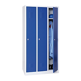 Kledinglocker, 3 deuren, B 900 x H 1800 mm draaigrendelslot, lichtgrijs/blauw