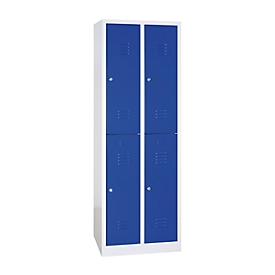 Kledinglocker, twee rijen, 2 x 2 compartimenten, cilinderslot, lichtgrijs/gentiaanblauw