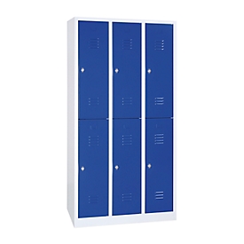 Kledinglocker, twee rijen, 2 x 3 compartimenten, draaigrendelslot, lichtgrijs RAL 7035/gentiaanblauw RAL