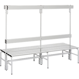 Kleedkamerbank, rvs buis/aluminium, dubbel met garderobedeel, L 2000 mm, lichtgrijs