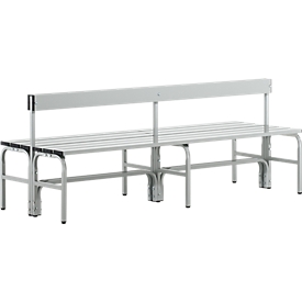 Kleedkamerbank, rvs buis/aluminium, dubbel met rugleuning, L 2000 mm, lichtgrijs