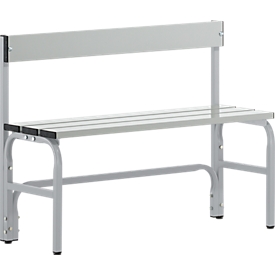 Kleedkamerbank, stalen buis/aluminium, enkel met rugleuning, 1015 mm lang, blank aluminium