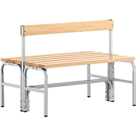 Kleedkamerbank, stalen buizen/hout, dubbel, met rugleuning, L 1015 mm, blank aluminium