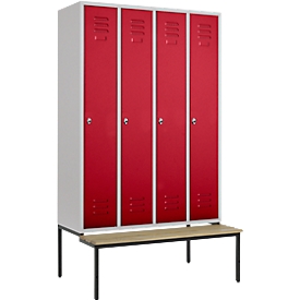 Kleiderspind, 4 Abt., 300 mm, Drehriegelverschluss, m. Sitzbank, Tür rubinrot