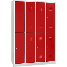 Kleiderspind, 4 Abteile übereinander, B 1170 x H 1950 mm, Zylinderschloss, lichtgrau/feuerrot