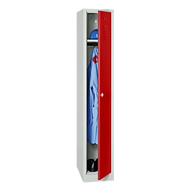 Kleiderspind, B 300 x H 1800 mm, lichtgrau/feuerrot RAL 7035/3000, Drehriegelverschluss