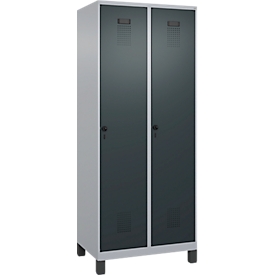 Kleiderspind C+P Evolo Plus, 2 Abteile, 400 mm Abteilbreite, mit Füßen, Anschlag rechts, B 800 x T 500 x H 1950 mm, Drehriegel, weißaluminium/anthrazitgrau