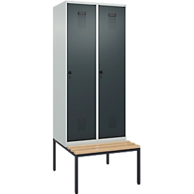 Kleiderspind C+P Evolo Plus, 2 Abteile, 400 mm Abteilbreite, mit untergebauter Sitzbank, B 800 x T 815 x H 2120 mm, Drehriegel, lichtgrau/anthrazitgrau