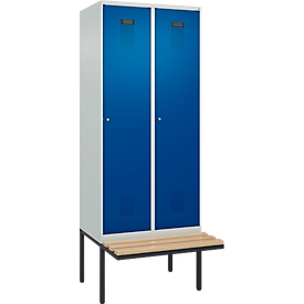 Kleiderspind C+P Evolo Plus, 2 Abteile à 400 mm Breite, schwebende Sitzbank, B 800 x T 815 x H 2120 mm, Zylinder, lichtgrau/enzianblau