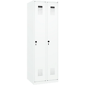 Kleiderspind C+P Evolo Plus, 2 Abteile, Anschlag rechts, Sicherheits-Drehriegel, Soft-Anschlag, B 600 x T 500 x H 1850 mm, verkehrsweiß/verkehrsweiß