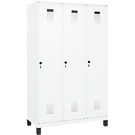 Kleiderspind C+P Evolo Plus, 3 Abteile, 400 mm Abteilbreite, mit Füßen, Anschlag rechts, B 1200 x T 500 x H 1950 mm, Drehriegel, verkehrsweiß/verkehrsweiß