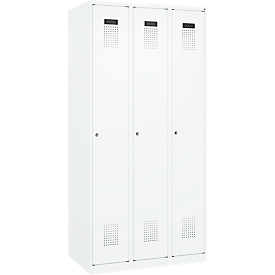 Kleiderspind C+P Evolo Plus, 3 Abteile, Anschlag rechts, Zylinderschloss, B 900 x T 500 x H 1850 mm, verkehrsweiß/verkehrsweiß