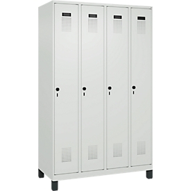 Kleiderspind C+P Evolo Plus, 4 Abteile, 300 mm Abteilbreite, mit Füßen, Anschlag rechts, Drehriegel, B 1200 x T 500 x H 1950 mm, lichtgrau/lichtgrau