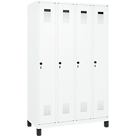 Kleiderspind C+P Evolo Plus, 4 Abteile, 300 mm Abteilbreite, mit Füßen, Anschlag rechts, Drehriegel, B 1200 x T 500 x H 1950 mm, verkehrsweiß/verkehrsweiß