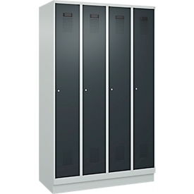 Kleiderspind C+P Evolo Plus, 4 Abteile, 300 mm Abteilbreite, mit Sockel, Anschlag rechts, B 1200 x T 500 x H 1950 mm, Zylinder, lichtgrau/anthrazitgrau