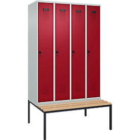 Kleiderspind C+P Evolo Plus, 4 Abteile, 300 mm Abteilbreite, mit untergebauter Sitzbank, B 1200 x T 815 x H 2120 mm, Drehriegel, lichtgrau/rubinrot