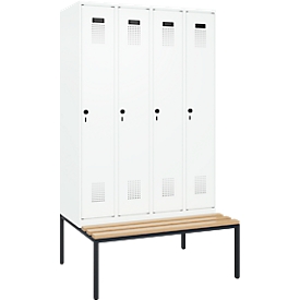 Kleiderspind C+P Evolo Plus, 4 Abteile, 300 mm Abteilbreite, mit untergebauter Sitzbank, B 1200 x T 815 x H 2120 mm, Drehriegel, verkehrsweiß/verkehrsweiß