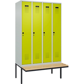 Kleiderspind C+P Evolo Plus, 4 Abteile à 300 mm Breite, schwebende Sitzbank, B 1200 x T 815 x H 2120 mm, Drehriegel, lichtgrau/clowngrün