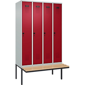Kleiderspind C+P Evolo Plus, 4 Abteile à 300 mm Breite, schwebende Sitzbank, B 1200 x T 815 x H 2120 mm, Drehriegel, lichtgrau/rubinrot