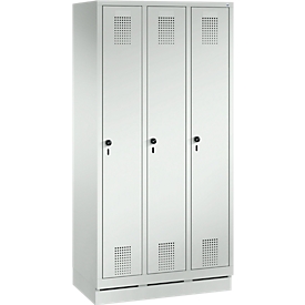 Kleiderspind Evolo S 3000, 3 Abteile, Stahl, Sockelhöhe 100 mm, Sicherheitsdrehriegelverschluss, lichtgrau/lichtgrau