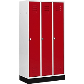 Kleiderspind mit 3 Abteilen, 300 mm, Drehriegelverschluss, mit Sockel, Tür rubinrot