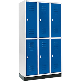 Kleiderspind, mit 3 x 2 Abteilen, 300 mm, mit Sockel, Drehriegelverschluss, Tür enzianblau