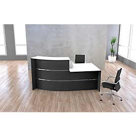 Kleine gebogen receptiebalie met Faro consultatiebalie, met legplank en zijpanelen, B 2310 x D 1200 x H 1120 mm, antraciet/antraciet