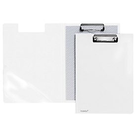Klemmbrett-Mappe A4, Klemme mit Kunststoffecken, Dreiecks-Klarsichttasche innen, PP, weiß