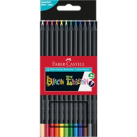 kleurpotloden Faber-Castell Black Edition, zwart hout, driehoekige vorm, kleurensamenstelling, 12 stuks doosje.