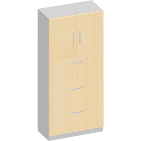Kombischrank TETRIS SOLID, 5 OH, B 800 mm, oben Flügeltüren, unten HR-Auszüge, weiß/weißalu, Ahorn/weißalu