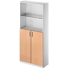Kombischrank TETRIS SOLID, 6 OH, Glas- und Flügeltüren, B 1000 mm, abschließbar, Glas/Buche-Dekor/weißalu