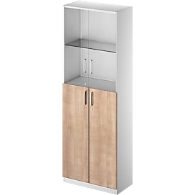 Kombischrank TETRIS SOLID, 6 OH, Glas- und Flügeltüren, B 800 mm, abschließbar, Glas/Buche-Dekor/weißalu