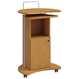 Komil standing desk, mobile, height-adjustable, 1 open & 1 lockable compartment with door, W 560 x D 410 x H 930-1110 mm, wood, beech decor